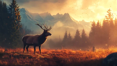 Stag stands in warm sunset light before distant snowy peaks