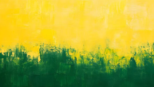 Abstract yellow and green landscape painting with textured brushwork.
