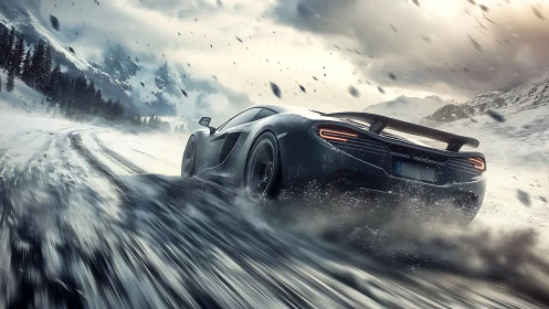 Supercar powers through icy mountain pass in snowstorm.