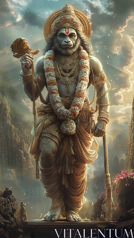 Majestic monkey god striding through misty temple skies.