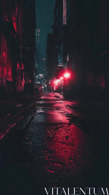 Cyberpunk rain-slick alleyway with neon axial perspective.