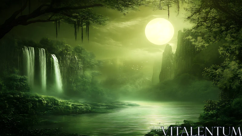 Luminous green moonlit canyon with twin waterfalls and mist layering