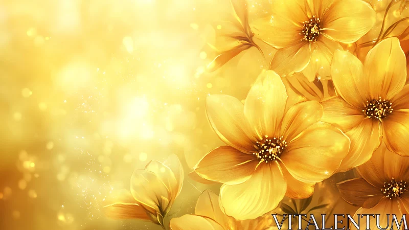 Golden flowers bloom radiantly in luminous soft-focus background