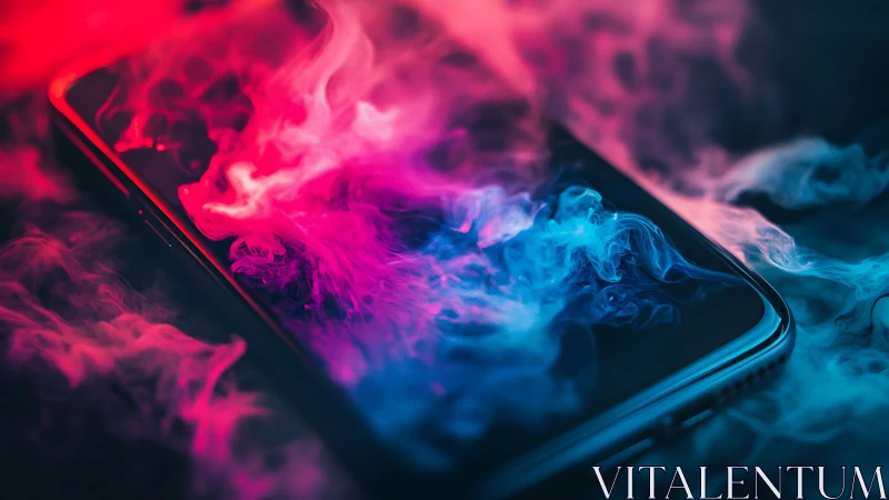 Luminous smartphone drifting in neon magenta and cyan smoke.
