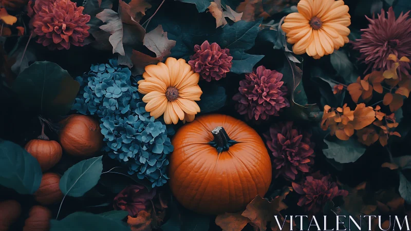 Autumn Still Life Composition with Orange Pumpkin and Blue Hydrangea Flowers