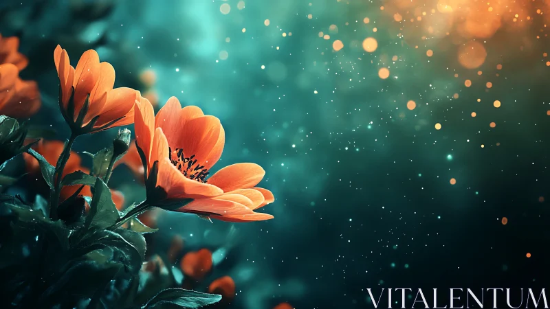 Orange flowers with bokeh particles on teal background.