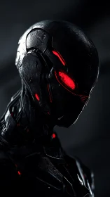 Black synthetic humanoid head with red illuminated accents.