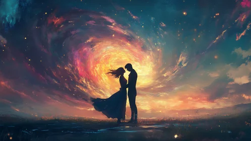 Celestial Waltz: Love Suspended Within Cosmic Fire.