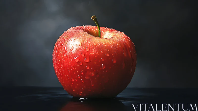 Photorealistic dewy red apple on dark gradient backdrop.