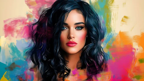Colorful digital portrait of woman with bold blue eyes.