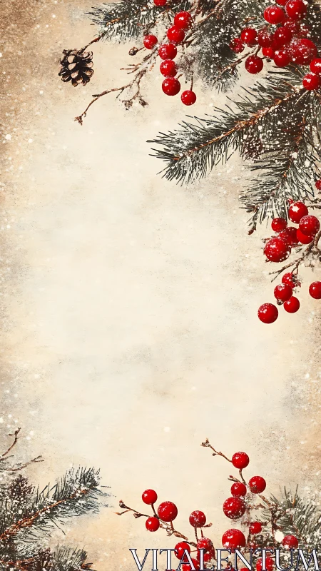 Vintage winter border with red berries and pine branches.