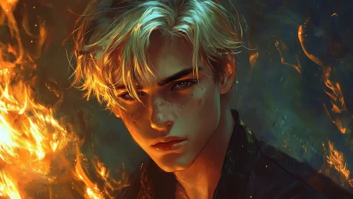 Blond youth rendered in close-up beside controlled flames