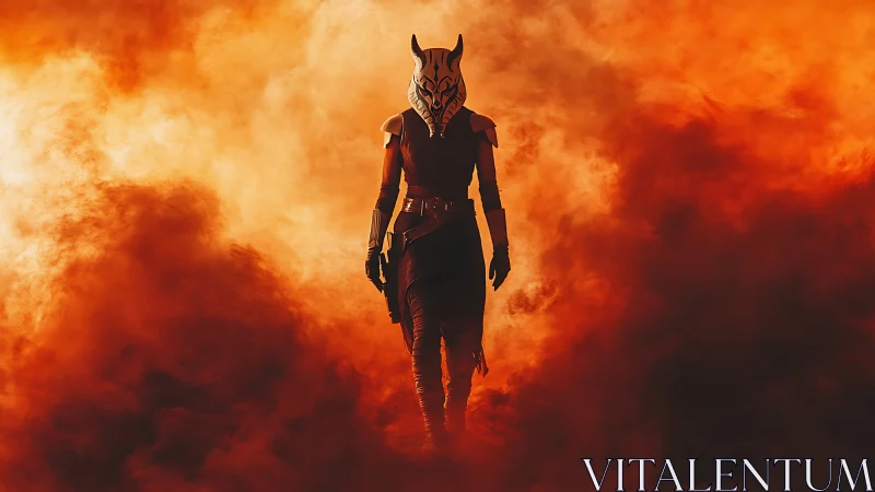 Armored horned wanderer emerging through incandescent smoke field.