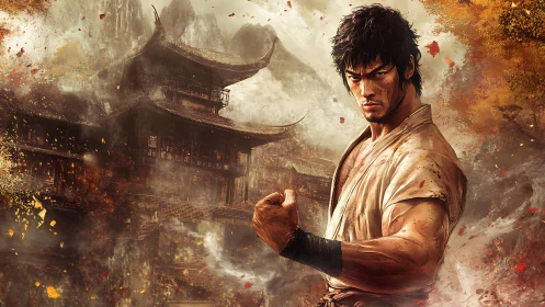 Martial artist guarding misty mountain dojo in autumn storm.