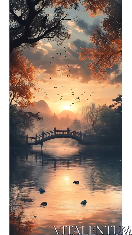 Autumn bridge reflects in tranquil lake at glowing sunset.