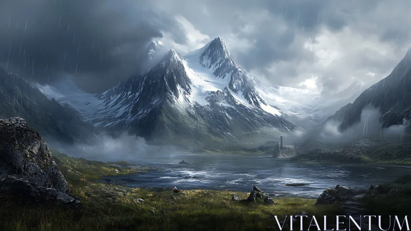 Stormlit alpine lake beneath towering snow peaks.