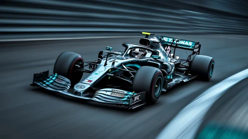 High-downforce F1 car cornering with motion-blur speed rendering