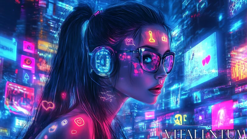 Neon city gamer explores glowing cyber world with calm focus