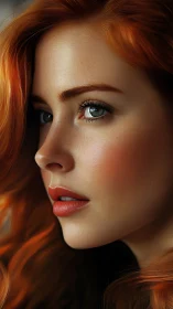 Close cropped profile of red haired woman in soft light.