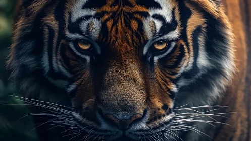 Intense close-up of tiger face with piercing amber eyes.