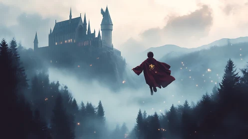 Young sorcerer soars toward misty cliffside castle at dawn.