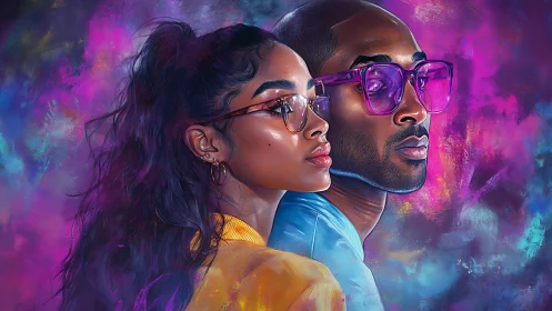 Colorful portrait celebrates two stylish friends in neon light