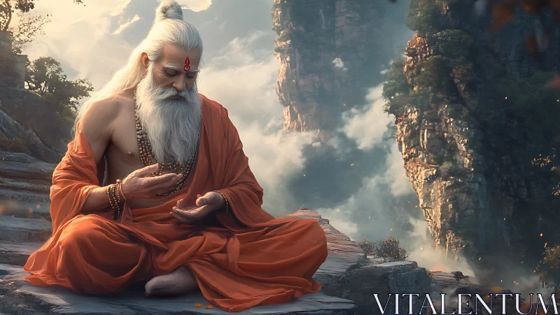 Elderly robed figure seated on cliff in mountainous valley.