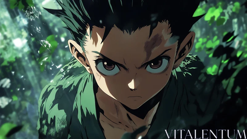 Fierce young warrior locks eyes with destiny in a wild forest