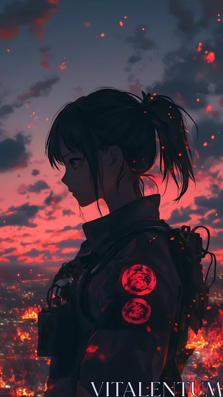 Anime soldier silhouette over burning city at red dusk.