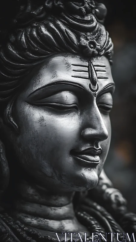 Photorealistic close-up of serene metallic deity sculpture.