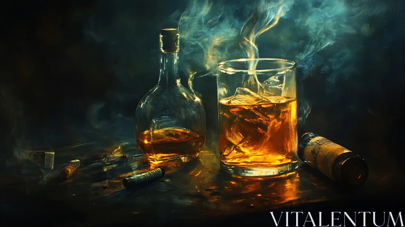 Golden whiskey glass glows warmly in a smoky, moody scene