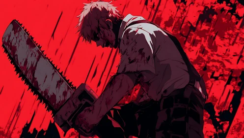 Blood-soaked anime figure wields chainsaw against abstract red field