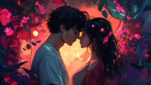 Luminous Bloom: Two Hearts Intertwined in Neon Blossom.