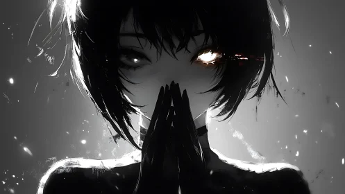 Monochrome cyber-oculus portrait with luminous desync eye.