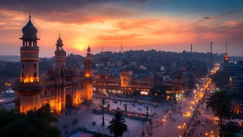 Sunlit minarets crown a glowing city as evening hums below.