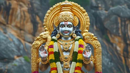 Photorealistic gilded deity sculpture with floral adornment.