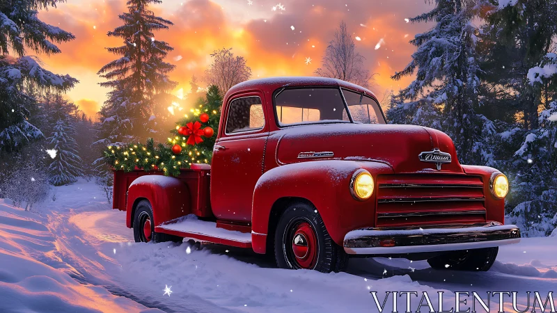 Vintage red pickup illuminates snowy forest at golden hour