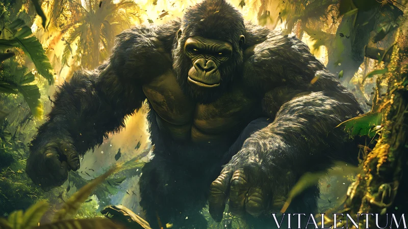 Digital painting of colossal silverback gorilla in jungle mise-en-scène.