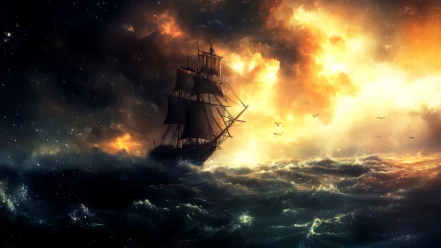 Tall ship cuts stormy ocean under burning cosmic sky