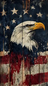 Bold eagle portrait over rustic weathered flag artwork.