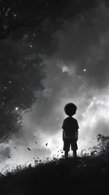 Solitary child gazes into a moody, glowing twilight sky