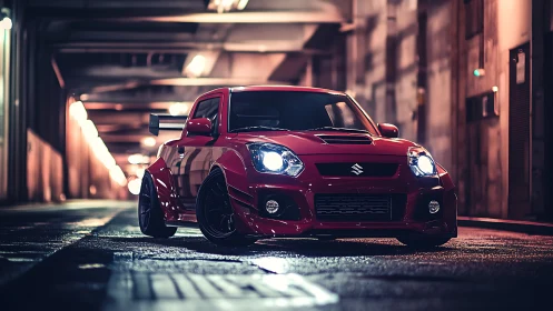 Red tuned Suzuki hatchback under moody urban lights.