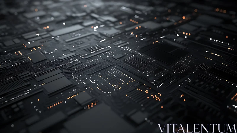 Dark circuit board cityscape glows with subtle data lights