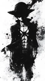 Shadowed anime swordsman strides through inky monochrome storm