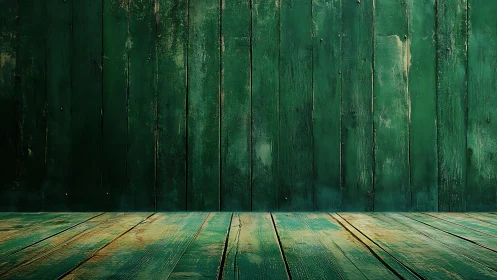 Weathered green wooden room suggests rustic display space