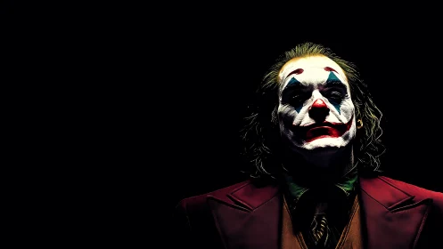 Clown in maroon suit under stark single light source.