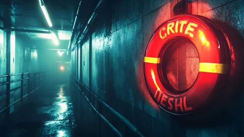 Neon lifebuoy burns alone in a damp sci fi corridor night