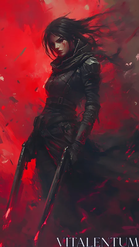 Bloodlit rogue warrior poised in swirling crimson storm.