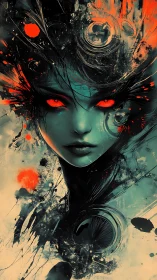 Abstract cybernetic portrait with teal face and red accents.