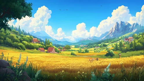 Sunlit valley of golden fields beneath roaming cloud kingdoms.